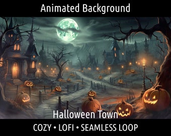 ANIMATED BACKGROUND | Spooky Cute Halloween Town, Bats, Pumpkins | For Vtuber Twitch OBS Zoom Stream Looping Overlay Stage | Seamless Loop