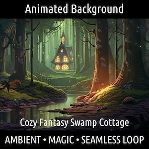 Stile anime, cottage con strega della palude e lucciole. In loop. Sfondo animato/wallpaper. Sfondo VJ/Vtuber/Streamer. Loop continuo.