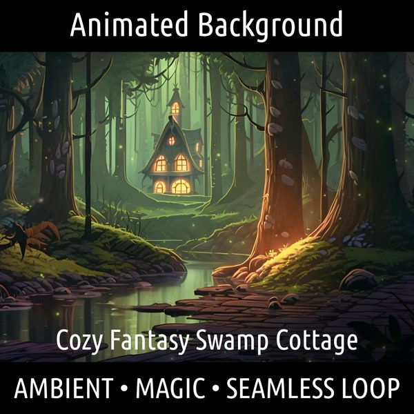 Anime Style Swamp Witch Cottage  and Fireflies. Looping. Animated Background / Wallpaper. VJ / Vtuber / Streamer Backdrop. Seamless Loop.