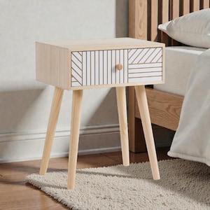 Scandi Pine Bedside Table with Carved Drawer and Wooden Legs