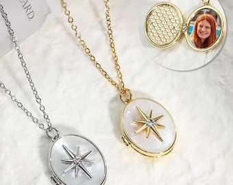 North Star Photo Locket Necklace, Personalized Picture Necklace, Memorial Jewelry, Gift for Her, Gift for Mom