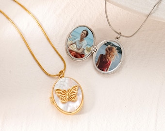 Butterfly Photo Locket Necklace, Personalized Picture Locket Necklace, Mother of Pearl Pendant Jewelry, Mother's Day Gift for Mom