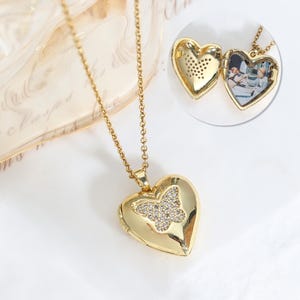 Custom Photo Butterfly Locket Necklace, Gold Heart Pendant, Personalized Gift, Delicate Unique Jewelry, Christmas Gift, Necklace for Women