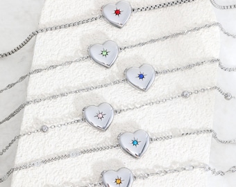 Fotomedaillonarmband met geboortesteen, gepersonaliseerde fotoarmband, geboortesteenarmband, herdenkingssieraden voor moeder, cadeau voor zus