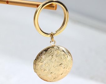 Custom Photo Locket Keychain, Dainty Flower Locket, Engraved Keepsake, Memorial Jewelry Gift for Mom
