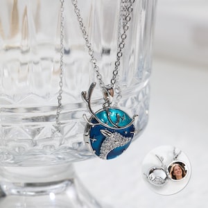 Personalized Photo Locket Necklace with Deer Head, Dainty Deer Locket, Dreamy Blue Locket, Stag Deer Necklace, Christmas Gift, Gift for Her