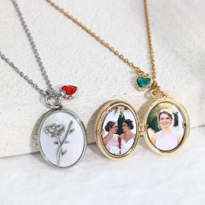 Collar con medallón fotográfico personalizado con piedra y flor de nacimiento, joyería conmemorativa personalizada, regalo de cumpleaños para mamá o hermana.
