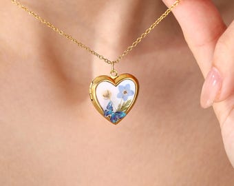 Personalized Butterfly Photo Locket Necklace, Custom Picture Pendant, Handmade Jewelry Gift for Mom, Birthday Gift for Her