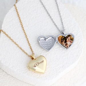 Benutzerdefinierte Foto Medaillon Halskette, gravierte Namen Halskette, zierliche Herz Medaillon, Gedenkschmuck, Geburtstagsgeschenk, Weihnachtsgeschenk, Geschenk für sie