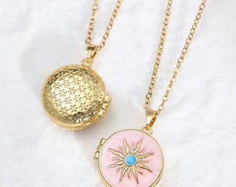 Custom Photo Sunshine Circle Locket Necklace, Dainty Sunburst Pendant, Memorial Locket, Colorful Necklace, Birthday Gift, Children's Jewelry