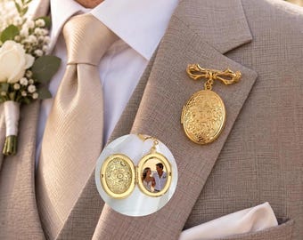 Custom Photo Vintage Locket Brooch, Personalized Wedding Bouquet Charm, Engraved Memorial Keepsake, Bridal Accessory Jewelry
