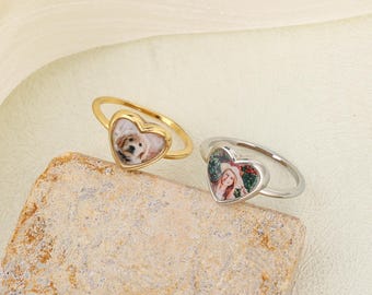Personalized Photo Heart Ring, Custom Dog and Cat Ring, Memorial Jewelry Gift for Her, Remembrance Ring for Pet Mom