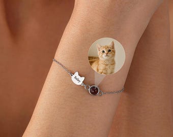 Cat Memorial Projection Bracelet Custom Photo Cat Loss Jewelry Personalized Name Bracelet in Loving Memory Remembrance Jewelry for Cat Mom