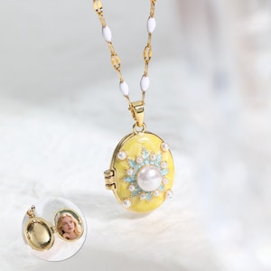 Personalized Photo Locket Necklace: Pearl Pendant, Floral Keepsake