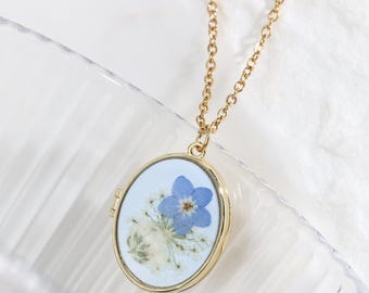 Vergissmeinnicht Foto Locket Halskette, echte Blume Harz Andenken, personalisierte Erinnerung Schmuck, Gedenkgeschenk für sie
