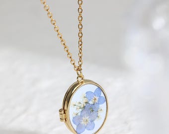 Collana con medaglione portafoto personalizzato, collana blu "Non ti scordar di me", medaglione personalizzato con foto, collana commemorativa per la sorella, regalo per la mamma