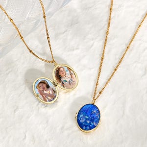 Personalized Photo Locket Necklace with Blue Natural Stone, Delicate Necklace, Memorial Keepsake, Wedding Gift, Birthday Gift, Gift for Her