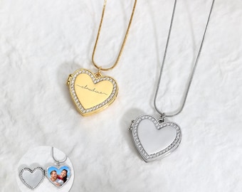 Personalized Photo Heart Locket Necklace, Custom Engraved Name, Valentine’s Day Necklace, Birthday Gift for Her