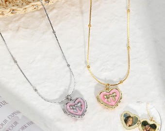 Benutzerdefinierte Schleife Medaillon Halskette mit Foto, zierliche Schleife Halskette, süßer Anhänger,Memorial Medaillon, Weihnachtsgeschenk, Geburtstagsgeschenk für Kinder