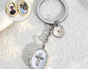 Personalized Cross Photo Locket Keychain, Mustard Seed Charm, Engraving Locket, Memorial Keychain, Religious Jewelry, Orthodox Baptism Gift,