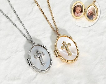 Cross Photo Locket Necklace, Engraved Cross Necklace, Religious Gift, Baptism Keepsake Gift, Christian Gift for Mom, Daughter Gift,