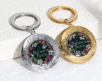 Resin Floral Locket Keychain, Personalized Photo Keepsake, Believe in Fairies Charm, Gift for Sister daughter