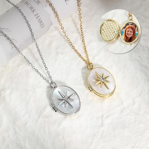 Custom Photo Locket Necklace with North Star, Celestial Star Gift, Starbust Jewelry, Handmade Memorial Jewelry, Birthday Gift, Gift for Her