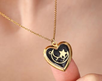 Personalized Photo Star and Moon Heart Locket Necklace, Black Locket, Dainty Memorial Necklace, Christmas Gift, Birthday Gift, Gift for Kids