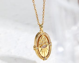 Custom Oval Photo Locket Necklace with Evil Eye, Dainty Evil Eye Pendant, Protection Locket, Unique Necklace, Birthday Gift, Gift for Her