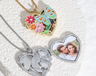 Custom Photo Butterfly Locket Necklace, Colorful Flowers Necklace, Dainty Hollow Locket, Christmas Gift, Christmas Jewelry, Gift for Her