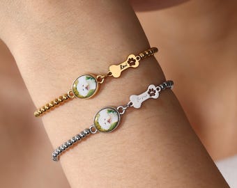 Custom Photo Bracelet, Engraving Dog & Cat Name Bone, Pet Sympathy Jewelry, Memorial Bracelet, Pet Lover Gift