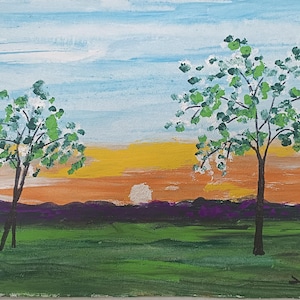 Original painting  Hand paint  acrylic on canvas nature scene sunset sunrise three relaxing calming wall decor