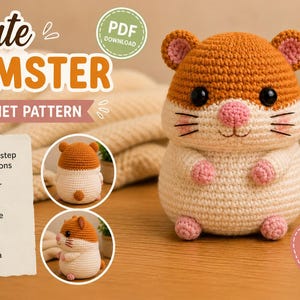 May include: A crochet hamster amigurumi with a brown head, cream-colored body, pink nose, and black eyes. The image includes text reading Cute Hamster Crochet Pattern, PDF Download, Step-by-step instructions, Beginner friendly, Printable PDF.