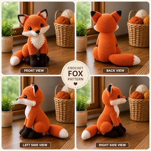 May include: A crochet fox toy shown from four angles: front, back, left, and right. The fox is orange with a white chest, face, and tail tip, and dark brown paws and ear tips. The text CROCHET FOX PATTERN is centred in the middle of the image.