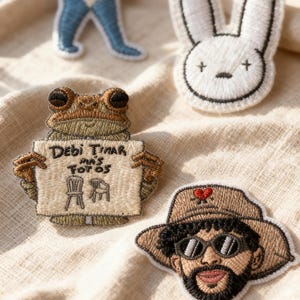 Op de afbeelding: Geborduurde patches met een blauwe haai, een witte konijn, een kikker met een bord, een man met een hoed en hartvormige zonnebrillen met tekst. De patches zijn in verschillende kleuren en ontwerpen.