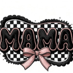 Mama Embroidered Patch - Pink Bow Checkerboard Iron On or Sew on or Hook & Loop - Retro Mama Applique - Mothers Day Gift
