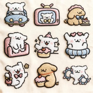 Gemütliches Kawaii Tier gesticktes Aufnäher-Set, niedlicher Welpen-Bär-Alltag Aufbügler, ästhetischer Cartoon-Patch für Jacke und Rucksack