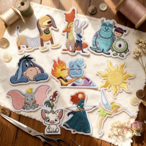 May include: Embroidered patches featuring cartoon characters, including a dog, fox, bunny, monster, donkey, elephant, and others. The patches are in various colors and designs, with detailed stitching and a white border. The patches are arranged on a cream-colored fabric.
