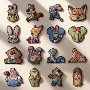 May include: A selection of embroidered patches featuring characters from the animated film "Zootropolis." The patches depict various animals, including a fox, rabbit, beaver, and snake, in bright colours and detailed designs. Each patch is a unique character.
