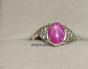 Pink Star Sapphire Ring, 6 Rays Star Gemstone, Lindy Star Ring, 925 Sterling Silver, Pink Star Sapphire Ring, Gift For Her