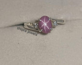 Pink Star Sapphire Ring, 6 Rays Star Gemstone, Lindy Star Ring, 925 Sterling Silver, Pink Star Sapphire Ring, Gift For Her