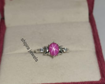 Pink Star Sapphire Ring, 6 Rays Star Gemstone, Lindy Star Ring, 925 Sterling Silver, Pink Star Sapphire Ring, Gift For Her