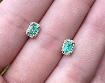 0.92tcw Classic 7x5 Natural Emerald Cut Emerald & Diamond Halo Stud Earrings 14K, Emerald and Pave Diamond Studs, 14K Emera