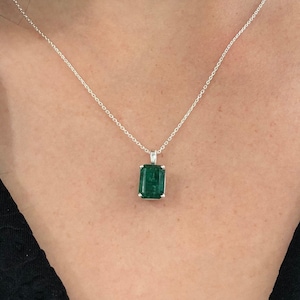 3.0cts Sterling Silver, Natural Emerald Necklace, Dark Green Emerald Pendant,Emerald Cut Necklace,Natural Emerald Jewelry May Birthstone