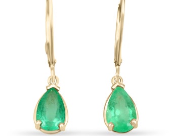 2.0tcw emerald pear drop three prong lever back earrings, Natural Emerald Dangle Earrings Solid 14kt Yellow Gold, pear cut emerald earrings
