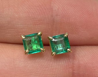 1.0tcw 14K Emerald Earrings, Fine Emerald Stud Earrings,Princess Cut Emerald Gold Solitaire Studs,May Birthstone,Natural Emerald Cut Studs