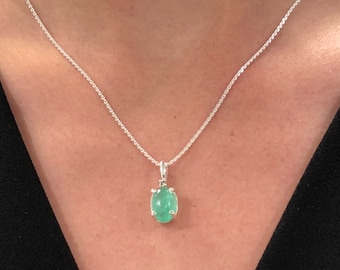 3.37cts Emerald Necklace, Dome Emerald Diamond Pendant, Oval Emerald Sterling Silver Pendant, Natural Cabochon Emerald Necklace May Baby