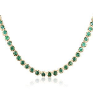 25.50tcw 14K Natural Round Emerald Bezel Tennis Necklace, 18.5&quot; Bezel Round Emerald Tennis Necklace, Medium Green Emerald Bezel Set Necklace