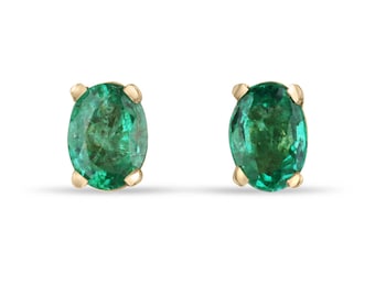Pendientes de botón pequeños de talla ovalada de 0,80 quilates en oro de 14 quilates, pendientes de botón de esmeralda de cuatro puntas, esmeraldas ovaladas de color verde intenso en oro 585, pendientes de regalo de mayo