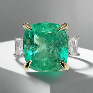 4.40tcw 14K Colombian Vivid Medium Green Cushion Cut Emerald & Emerald Cut Diamond Three Stone Ring, Prong Set Emerald Gold Three Stone Ring